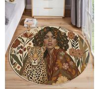 MIATCENRT Alfombra Redonda 100cm Marrón Amarillo, Fácil de Limpiar, Tapete Estilo Gente Bohemia Mujer Guepardo para Sofá, Oficina Mesa de Café Estudio Salón Aspecto para Interior