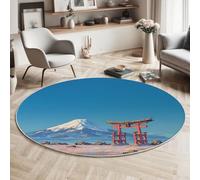 MIATCENRT Alfombra Redonda 80cm Azul, Fácil de Limpiar, Tapete Estilo Paisaje De Anime De Japón Puerta Torii del Monte Fuji para Sofá, Oficina Mesa de Café Estudio Salón Aspecto para Interior