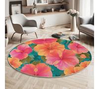 MIATCENRT Alfombra Redonda de 100cm, Diseño Dibujada A Mano Flores, Antideslizante Alfombra Flor De Hibisco, Rosa Naranja Pelo Corto Suave Tapete para Salón, Dormitorio, Habitación de los Niños