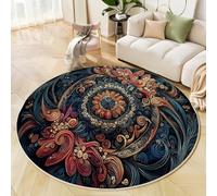 MIATCENRT Alfombra Redonda de 120cm, Diseño Mandalas Arte, Antideslizante Alfombra Flores Remolinos, Azul Oscuro Pelo Corto Suave Tapete para Salón, Dormitorio, Habitación de los Niños