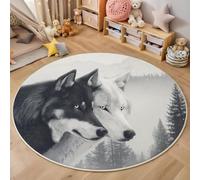 MIATCENRT Alfombra Redonda de Diseño Bosque Animal, Tapete Redonda Lavable a Máquina Blanco Y Negro Lobo Gris Oscuro, Alfombra Antideslizante No se Desprenden Junto La Cama para Niños, 80cm