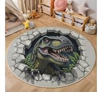 MIATCENRT Alfombra Redonda en Gris-Verde Impresión, Alfombras Salon con 3D Arte Rompiendo El Muro Tyrannosaurus Rex, Tapete Habitacion de Círculo Suave, Lavable Antideslizante, Diámetro 100cm