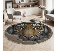 MIATCENRT Alfombra Redonda en Marrón Impresión, Alfombras Salon con Animal Tigre Rompiendo Una Pared, Tapete Habitacion de Círculo Suave, Lavable Antideslizante, Diámetro 160cm