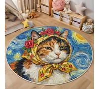 MIATCENRT Alfombra Redonda Impresa Animales Pintados Al Óleo con Gato del Cielo Estrellado para Salón Cocina Sala de Estar Entradas, Lavable Alfombra Circular con Revés Antideslizante, 180cm
