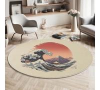 MIATCENRT Alfombra Redonda Impresa Estampados De Japón con Olas del Océano Al Atardecer para Salón Cocina Sala de Estar Entradas, Lavable Alfombra Circular con Revés Antideslizante, 180cm