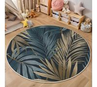 MIATCENRT Alfombras de área 80cm Redonda, Tropical Metal Hoja De Palma, Tapete Azul Marino Lavable Mullido, Almohadillas Protectores para Cuarto Sala Alfombra Habitación de Niños