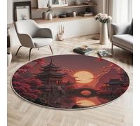 MIATCENRT Alfombras Redonda, Arquitectura Tradicional Tapete Redondo Lavable Antideslizante, Alfombra de Área Grande para Salón Sofá Mesa Café Dormitorio (120cm, Pagoda Flores Ciruelo Rojo)