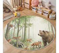 MIATCENRT Alfombras Redondas 100cm, Animales del Bosque Bosque En Acuarela, Tapete Redondo Antideslizante Alfombra de Área Redonda para Salón Sofá Mesa de Café Comedor Dormitorio, Verde Claro