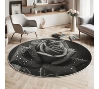 MIATCENRT Alfombras Redondas 100cm, Gotas De Agua Rosa Negra Flores Realistas, Tapete Redondo Antideslizante Alfombra de Área Redonda para Salón Sofá Mesa de Café Comedor Dormitorio, Negro