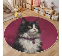 MIATCENRT Alfombras Redondas 120cm, Gato De Pelo Largo Retratos De Animales, Tapete Redondo Antideslizante Alfombra de Área Redonda para Salón Sofá Mesa de Café Comedor Dormitorio, Rojo Rosa