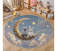 MIATCENRT Alfombras Redondas 120cm, Gato Y Conejo En 3D Animales Fantásticos, Tapete Redondo Antideslizante Alfombra de Área Redonda para Salón Sofá Mesa de Café Comedor Dormitorio, Azul Claro
