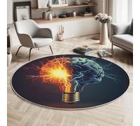 MIATCENRT Alfombras Salon Redondas Azul Naranja, Impresión Cerebro Chispa Eléctrica Estilo Bombilla Icono Alfombra Antideslizante Grande Suave para Dormitorio Comedor Sala de Estar, Diámetro 100cm