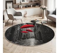 MIATCENRT Alfombras Salon Redondas Gris Oscuro, Impresión Callejón Paraguas Rojos Estilo Calle Edificios Alfombra Antideslizante Grande Suave para Dormitorio Comedor Sala de Estar, Diámetro 80cm