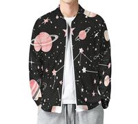 MIATCENRT Chaqueta Bomber para Hombre, Chaqueta Ligera con Cremallera Completa, Cortavientos Espacio Casual para Exteriores, Negro Estrellas Planetas Chaquetas de Golf