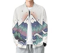 MIATCENRT Chaqueta de Manga Larga Caricatura para Hombre, Chaquetas Bomber Ligeras con Cremallera, Completa Cortavientos Casual Abrigo de Monte Fuji Dibujado A Mano Callejera al Aire Libre