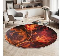 MIATCENRT Fantasía Arte Alfombra Redonda 120cm, Antideslizante Lavables Alfombras Redondas Fuego Flores, Salon Habitacion Pie de Cama Salón Comedor Pelo Corto Tapetes, Rojo Naranja
