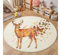 MIATCENRT Lavable Alfombras Redondas 100cm, Antideslizante Fina Beige Alfombra Círculo Redondeada, Ciervo Mariposa Arte En Acuarela Impreso Alfombras de área Salón Dormitorio