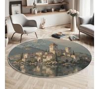 MIATCENRT Lavable Alfombras Redondas 180cm, Antideslizante Fina Beige Alfombra Círculo Redondeada, Tallas De Piedra De Castillos Medievales Impreso Alfombras de área Salón Dormitorio