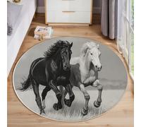 MIATCENRT Lavable Alfombras Redondas 180cm, Antideslizante Fina Blanco y Negro Alfombra Círculo Redondeada, Caballo Corriendo Vida Salvaje Impreso Alfombras de área Salón Dormitorio