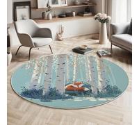MIATCENRT Lavable Alfombras Redondas 80cm, Antideslizante Fina Azul Claro Alfombra Círculo Redondeada, Zorro del Bosque De Abedules Animales del Bosque Impreso Alfombras de área Salón Dormitorio