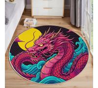 MIATCENRT Lavable Alfombras Redondas 80cm, Antideslizante Fina Rojo Rosa Alfombra Círculo Redondeada, Ondas Solares Dragón Tradición China Impreso Alfombras de área Salón Dormitorio