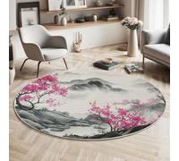 MIATCENRT Lavable Alfombras Redondas, 80cm Antideslizante Polvo de Ceniza Alfombra Círculo para Entrada, Redondeada Montañas Flores De Durazno China Tinta Impreso Tapete de área Salón Dormitorio