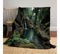 MIATCENRT Manta de Vellón de Geografía Paisaje, Manta de Tiro Impresa Bosque Rocas Arroyos 3D para Niños Adultos, Colcha Verde Bosque de Dibujos Animados de Felpa Impresa para Cama Sofá 130x150cm