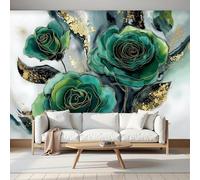 MIATCENRT Papel Tapiz Fotográfico Elegancia Flores., 300Anx210Al cm Fondo de Pantalla Pan De Oro Rosas Papel Pintado, Decoración de Pared para Sala Restaurante Cuarto Oficina Salón, Verde esmeralda