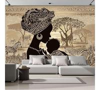 MIATCENRT Papel Tapiz Fotográfico Tribu Estilo, 300Anx210Al cm Fondo de Pantalla África Madre Niño Papel Pintado, Decoración de Pared para Sala Restaurante Cuarto Oficina Salón, Beige Marrón