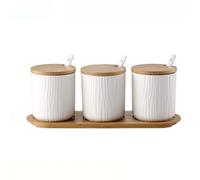 MIATTCLD Juego de 3 tarros de especias de cerámica, azucarero con cuchara y tapa de bambú, 300 ml/10,2 oz tarros de especias para azúcar, queso, sal, especias