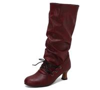 MiaZane Botas Altas hasta la Rodilla de Moda Mujer Punta Redonda Tacón Bloque Grueso Botas Largas Vestido con Cremallera Lateral para Ropa Urbana de Otoño e Invierno,Burgundy,49 EU