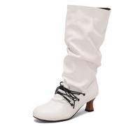 MiaZane Botas Altas hasta la Rodilla de Moda Mujer Punta Redonda Tacón Bloque Grueso Botas Largas Vestido con Cremallera Lateral para Ropa Urbana de Otoño e Invierno,Blanca,49 EU