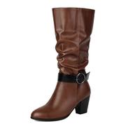 MiaZane Botas Altas hasta la Rodilla de Moda Mujer Tacón Bloque Punta Redonda Botas Largas con Hebilla de Cinturón Decorativa para Ropa Callejera de Otoño e Invierno,Marrón,43 EU