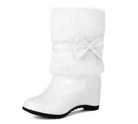 MiaZane Botas de Invierno Mujer Medio Tobillo Cuero Sintético Pelaje Afelpado Detalle de Lazo Suela Plana con Elevación Oculta 6cm Cálido Acogedor Clima Frío Uso Diario,Blanca,39 EU