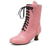 MiaZane Botas de Mediacaña Mujer Tacón Bloque Grueso Punta Redonda Cordones Botas Combate de Moda Largo Tobillo para Ropa Casual de Otoño e Invierno Urbana,Rosado,46 EU