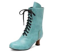 MiaZane Botas de Mediacaña Mujer Tacón Bloque Grueso Punta Redonda Cordones Botas Combate de Moda Largo Tobillo para Ropa Casual de Otoño e Invierno Urbana,Verde,37 EU