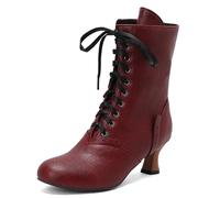 MiaZane Botas de Mediacaña Mujer Tacón Bloque Grueso Punta Redonda Cordones Botas Combate de Moda Largo Tobillo para Ropa Casual de Otoño e Invierno Urbana,Burgundy,49 EU