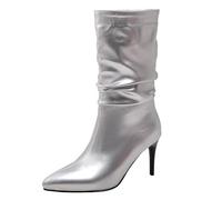 MiaZane Botas de Moda Mujer Tacón de Aguja Sin Cordones Punta en Pica Botines de Media Caña Botas Altas hasta la Rodilla para Vestir de Noche y Cóctel Duraderas,Plata,46 EU