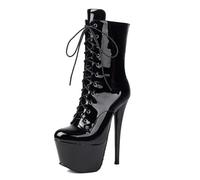 MiaZane Botas de Tobillo Plataforma de Moda Mujer Tacón Stiletto Grueso Cordones Botas Cortas Vestido para Club Nocturno y Pasarela Diseño de Cremallera Lateral,Patent Black,42 EU