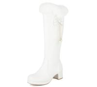 MiaZane Botas Mujer Rodilla con Ribete de Piel Detalle de Lazo Colgantes de Perla Tacón Ancho Botas de Moda Invierno Fiesta Vacaciones Noche Elegante,Blanca,35 EU