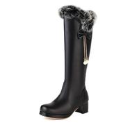 MiaZane Botas Mujer Rodilla con Ribete de Piel Detalle de Lazo Colgantes de Perla Tacón Ancho Botas de Moda Invierno Fiesta Vacaciones Noche Elegante,Negro,40 EU