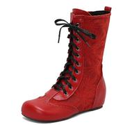 MiaZane Botas Mujeres Altura Medio Gemelo Tacón de Bloque Grueso Estilo Vintage con Cordones Punta Redonda Botas Combate para Estilo Streetwear Otoño e Invierno,Rojo,49 EU