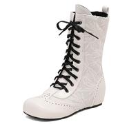 MiaZane Botas Mujeres Altura Medio Gemelo Tacón de Bloque Grueso Estilo Vintage con Cordones Punta Redonda Botas Combate para Estilo Streetwear Otoño e Invierno,Blanca,34 EU