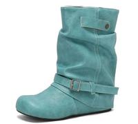 MiaZane Botas Mujeres Altura Medio Gemelo Tacón Plano Sin Cierre Hebilla con Correa Punta Redonda Estilo Holgado Botas Caídas para Paseos al Aire Libre Otoño e Invierno,Verde,45 EU