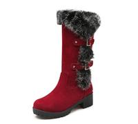 MiaZane Botas Plataforma Mujer Rodilla Ante con Ribete de Piel Sintética Tacón Ancho Grueso Cremallera Lateral Moda Invierno Caminata al Aire Libre Clima Frío Uso Diario,Rojo,38 EU