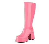 MiaZane Botas Retro Mujer Plataforma Cuero de Charol Rodilla Tacón Ancho Cierre Lateral con Cremallera Estilo Go Go Años 70 Disco Fiesta Vintage,Rosado,40 EU