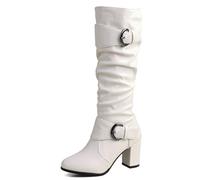 MiaZane Botas Rodilla Alta Diseño Holgado con Doble Correa Hebilla Tacón Bloque Cremallera Lateral para Moda Otoño Casual,Blanca,42 EU