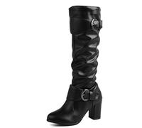 MiaZane Botas Rodilla Alta Diseño Holgado con Doble Correa Hebilla Tacón Bloque Cremallera Lateral para Moda Otoño Casual,Negro,39 EU