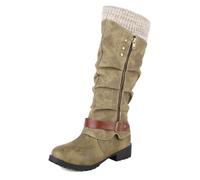 MiaZane Botas Rodilla Alta PU Cremallera Lateral Detalle Correa Hebilla Borde Tejido Tacón Bloque Bajo para Atuendos Invierno Casual,Verde,39 EU