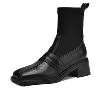 MiaZane Botas Tobillera Mujeres Pon Señoras Invierno Botas Chelsea Tacón Block Medio Grueso Punta Cuadrada Patchwork Cortos Zapatos Moda para Streetwear & Salida Informal,Black (Thin),41 EU